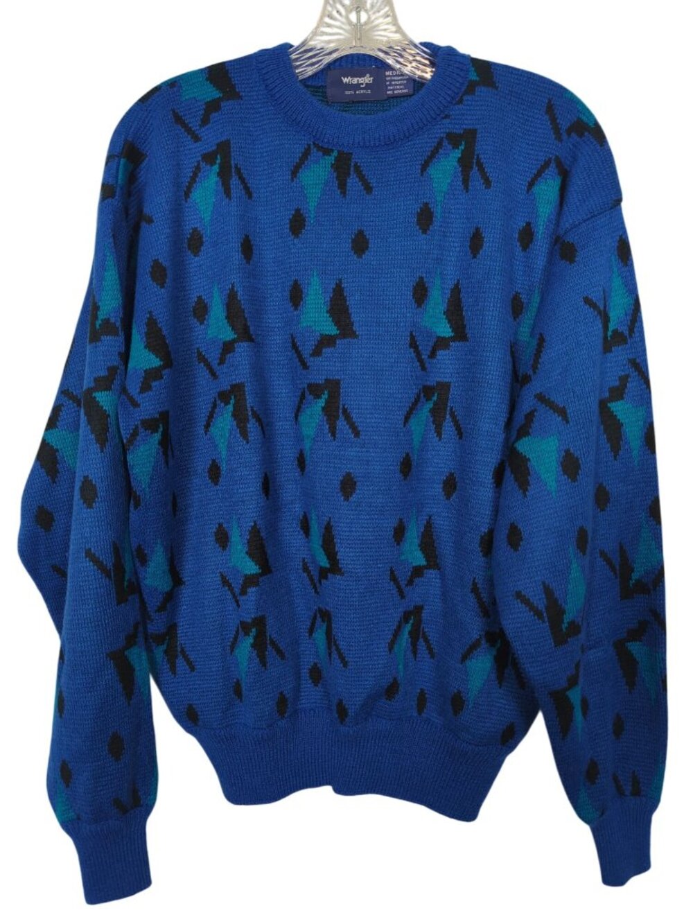 Vintage Wrangler Sweater Men M Blue Geometric Western Acrylic Made in Guam